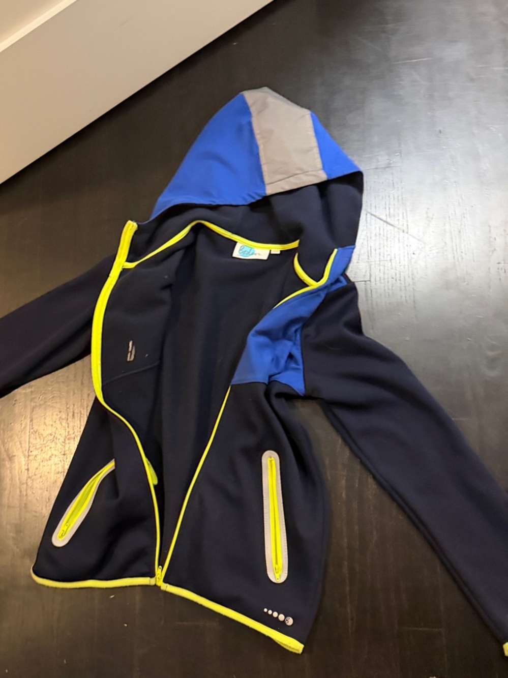 Boden Navy Blue Hooded Jacket with Bright Yellow Trim and Royal Blue Accents